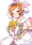  bad_id bad_pixiv_id bare_shoulders dress earrings flower highres hoshizora_rin jewelry konbu_wakame looking_at_viewer love_live! love_live!_school_idol_project love_wing_bell orange_hair short_hair smile solo veil white_background white_dress yellow_eyes 
