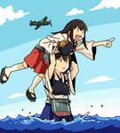  aircraft airplane akagi_(kantai_collection) brown_hair carrying carrying_overhead day hobbang japanese_clothes kaga_(kantai_collection) kantai_collection long_hair multiple_girls muneate pointing short_hair side_ponytail sky water 