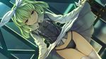  black_panties dutch_angle game_cg green_eyes green_hair looking_at_viewer orion_(orionproject) panties rance_(series) rance_ix skirt skirt_lift smile solo thigh_gap thighhighs tillday_shape underwear white_legwear 