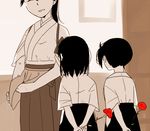  akagi_(kantai_collection) arms_behind_back bad_id bad_twitter_id black_hair blush brown_hair carnation drying drying_body flower hair_ribbon houshou_(kantai_collection) japanese_clothes kaga_(kantai_collection) kantai_collection long_hair monochrome mother's_day motherly multiple_girls ponytail red_carnation red_flower ribbon sepia short_hair side_ponytail skirt smile spot_color wet younger yuzuki_(rinka01) 