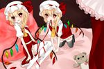  ascot bad_id bad_pixiv_id bed blonde_hair bow flandre_scarlet hat hat_bow koyashaka mob_cap multiple_girls open_mouth red_eyes ribbon side_ponytail stuffed_animal stuffed_toy teddy_bear thighhighs touhou wings 