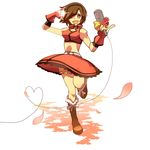  \m/ bad_id bad_pixiv_id boots brown_eyes brown_hair flower headphones kojijima meiko microphone midriff one_eye_closed pinky_out ribbon sakine_meiko short_hair skirt smile solo vocaloid younger 