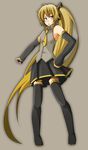  absurdly_long_hair akita_neru blonde_hair cellphone detached_sleeves full_body hand_on_hip long_hair metaphor_(artist) necktie phone side_ponytail simple_background skirt solo thighhighs very_long_hair vocaloid yellow_eyes yellow_neckwear 