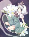  bad_id bad_pixiv_id blue_eyes bob_cut bow bowtie floral_background flower hairband hitodama jumping konpaku_youmu konpaku_youmu_(ghost) midori_(green_tea) open_mouth outstretched_arms puffy_sleeves skirt smile solo spread_arms touhou vest white_hair 
