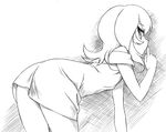  all_fours ass bad_id bad_pixiv_id child copyright_request dress finger_to_mouth greyscale looking_back monochrome sawa_jaaji short_hair shushing solo suruka-tan 