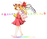  arms_behind_back barefoot blonde_hair flandre_scarlet gradient hands_clasped hane_(hanegoya) hat looking_back one_side_up open_mouth own_hands_together red_eyes shadow smile solo star touhou walking wings 