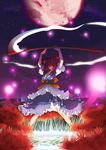  alternate_weapon arms_up breasts cleavage dress flower hair_bobbles hair_ornament highres large_breasts magic_circle moon night night_sky one_eye_closed onozuka_komachi red_eyes red_hair red_moon scythe short_hair sky smile solo spider_lily star_(sky) starry_sky touhou tsunekun two_side_up weapon 
