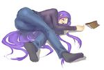  ass bad_id bad_pixiv_id blush book casual check_pixiv_source denim fate/stay_night fate_(series) feet glasses jeans long_hair lying pants purple_eyes purple_hair rider socks solo very_long_hair 