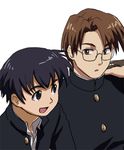  azumanga_daiou black_hair brown_eyes genderswap genderswap_(ftm) glasses lowres male_focus mizuhara_koyomi multiple_boys school_uniform shiwashiwa_no_kinchakubukuru smile takino_tomo 