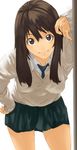  brown_eyes brown_hair complexplane hand_on_hip leaning leaning_forward long_sleeves necktie original school_uniform simple_background skirt solo sweater 