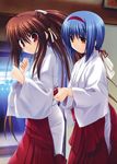  blue_hair brown_hair japanese_clothes little_busters! miko multiple_girls na-ga natsume_rin nishizono_mio 