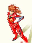  armor bangs blue_eyes blush bodysuit bracer breasts clothes_writing dutch_angle floating_hair from_above from_side gloves hair_between_eyes hair_ornament hands_on_hips head_tilt kotatsu-spirit legs_apart light_smile long_hair looking_to_the_side neon_genesis_evangelion orange_hair paw_print pilot_suit plugsuit shadow signature simple_background sketch small_breasts smile solo souryuu_asuka_langley standing turtleneck two_side_up white_background 