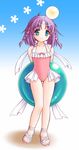  antennae aqua_eyes arms_behind_back blush braid cho-chin feet frills galzoo_island innertube kuroda_akimi one-piece_swimsuit purple_hair ribbon sandals short_hair smile solo swimsuit thigh_gap twin_braids 