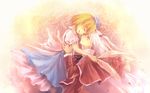  alice_margatroid alice_margatroid_(pc-98) blonde_hair blue_eyes bouquet carnation flower hair_bobbles hair_ornament hairband kieta mother's_day mother_and_daughter motherly multiple_girls red_carnation red_flower shinki side_ponytail touhou touhou_(pc-98) wallpaper white_hair 