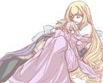  1girl albino blonde_hair cape closed_eyes couple dress gloves headphones hetero holding hug leaning long_hair physis silver_hair sitting sleeping smile soldier_blue toward_the_terra tsutsuji_maki 