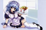  blue_hair breasts large_breasts mitsumine_minato oshiki_hitoshi parfait shoes solo suzunone_seven thighhighs tray waitress white_legwear zettai_ryouiki 