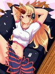  bad_id bad_pixiv_id blonde_hair digital_media_player headphones horn hoshiguma_yuugi ipod kosmosshuffle long_hair midriff navel red_eyes solo touhou 