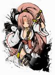  bad_id bad_pixiv_id baiken breasts claws cleavage guilty_gear japanese_clothes katana kimono large_breasts mouth_hold open_clothes open_kimono pink_eyes pink_hair ponytail scar sheath solo sunfl sword unsheathing weapon 