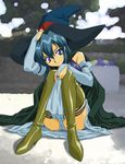  blue_eyes blue_hair boots copyright_request elbow_gloves gloves green_footwear hat mole mole_under_mouth panties sawa_jaaji skirt skirt_lift solo thigh_boots thighhighs underwear witch_hat 