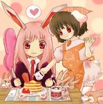  animal_ears brown_hair bunny bunny_ears food fork head_scarf heart inaba_tewi knife long_hair multiple_girls pancake pink_hair red_eyes reisen_udongein_inaba short_hair snowling tail thighhighs touhou 