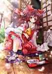  :o bad_id bad_pixiv_id blush brown_hair cherry_blossoms cup detached_sleeves flower food hakurei_reimu m_(pixiv) navel plate sliding_doors solo tatami touhou tray veranda yunomi 