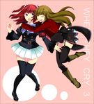  armband bad_id bad_pixiv_id blush bow brown_hair hair_bobbles hair_ornament hug jacket kino_(alones) long_hair mammon multiple_girls necktie pink_neckwear red_hair skirt stakes_of_purgatory thighhighs umineko_no_naku_koro_ni ushiromiya_ange 