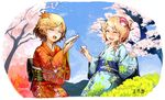  alcohol blonde_hair cherry_blossoms copyright_request japanese_clothes kimono multiple_girls sake short_hair shoutarou_(tibi2) 