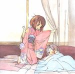  artist_request barefoot bed child hirasawa_ui hirasawa_yui japanese_clothes k-on! kimono lowres multiple_girls pink_kimono siblings sisters sleepy yukata 
