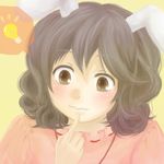 animal_ears aoi0317 black_hair blush brown_hair bunny_ears close-up finger_to_face idea inaba_tewi light_bulb lowres portrait short_hair solo touhou yellow_background 