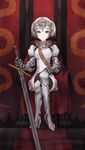  armor character_request copyright_request crossed_legs fantasy gloves headpiece kazuoki sitting solo sword thighhighs throne weapon 