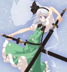  bad_id bad_pixiv_id black_hairband blue_eyes ghost gumoyu hairband hitodama katana konpaku_youmu konpaku_youmu_(ghost) sheath short_hair silver_hair solo sword touhou unsheathing weapon 