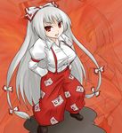  baggy_pants bangs bow breasts dress_shirt fujiwara_no_mokou hair_bow hair_ribbon large_breasts long_hair looking_at_viewer oro_(zetsubou_girl) pants red_eyes ribbon scowl shirt silver_hair solo standing taut_clothes taut_shirt touhou very_long_hair 