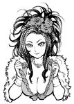  breasts cleavage deborah dragon_quest dragon_quest_v flower greyscale hair_flower hair_ornament jewelry large_breasts monochrome necklace smile solo ueyama_michirou 
