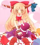  blonde_hair blush bow chain fang gourd hair_bow horns ibuki_suika long_hair snowling solo touhou yellow_eyes 