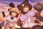  :o african_wild_dog_(kemono_friends) african_wild_dog_print animal_ears animal_print arm_support bangs bear_ears bear_paw_hammer black_hair black_skirt blush bodystocking bow bowtie breasts brown_bear_(kemono_friends) brown_eyes cloud cloudy_sky commentary_request covered_nipples dog_ears dog_tail eyebrows_visible_through_hair fingerless_gloves flipped_hair flying_sweatdrops from_below gloves kemono_friends leaning_forward light_brown_hair long_sleeves looking_at_viewer looking_down medium_hair microskirt multicolored_hair multiple_girls ooba_jun open_mouth outdoors reaching_out shirt short_over_long_sleeves short_sleeves shorts shoulder-to-shoulder skirt sky smile sun tail twilight two-tone_hair upper_body weapon weapon_on_back white_hair white_shirt 