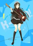  akiyama_mio bangs bass_guitar black_hair black_legwear blunt_bangs blush brown_eyes fuwafuwa_time headdress highres instrument k-on! kneehighs kototen long_hair ribbon skirt socks solo 