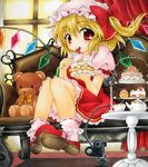  blonde_hair bobby_socks cake cup eating flandre_scarlet food fork fruit hat heart highres looking_at_viewer one_side_up pastry ponytail red_eyes shikishi short_hair sitting slice_of_cake socks solo strawberry strawberry_shortcake stuffed_animal stuffed_toy teacup teapot teddy_bear tiered_tray touhou traditional_media wings yukitsuki_kokoro 