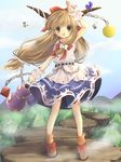  :o alice_margatroid bad_id bad_pixiv_id belt blonde_hair bow broom broom_riding brown_eyes brown_hair chain cloud day forest gourd hair_bow hanabana_tsubomi highres horn_ribbon horns ibuki_suika kirisame_marisa looking_at_viewer mountain multiple_girls nature outdoors ribbon rock skirt sky sleeveless standing touhou v-shaped_eyebrows wrist_cuffs 