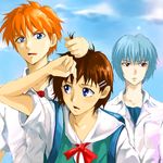  2boys androgynous angry ayanami_rei bad_id bad_pixiv_id blue_eyes blue_hair brown_hair bullying clenched_hand cloud day genderswap genderswap_(ftm) genderswap_(mtf) hair_ornament hair_pull hairclip hands ikari_shinji lens_flare multiple_boys neon_genesis_evangelion omi_(mmc6310) outdoors red_eyes red_hair school_uniform shin-chan short_hair sky souryuu_asuka_langley 