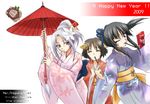  black_hair brown_hair flower food ga-rei ga-rei_zero hair_ribbon isayama_mei isayama_yomi japanese_clothes kimono multiple_girls one_eye_closed oriental_umbrella pocky purple_eyes ranguren red_eyes ribbon short_hair silver_hair tsuchimiya_kagura umbrella urutsu_sahari 