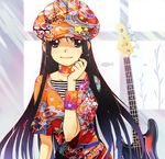  akiyama_mio armband bass_guitar black_eyes black_hair cabbie_hat choker hat hippie hirokiku instrument k-on! long_hair purple_hair smile solo 