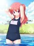  armpits arms_behind_head bad_id bad_pixiv_id blush child ikujitto long_hair mabinogi one-piece_swimsuit red_eyes red_hair school_swimsuit solo swimsuit wading water wet 