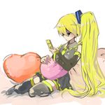  akita_neru bad_id bad_pixiv_id black_eyes blonde_hair cellphone detached_sleeves gm heart heart_pillow long_hair necktie phone pillow side_ponytail sitting skirt solo thighhighs vocaloid 