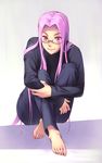  barefoot denim fate/stay_night fate_(series) feet glasses jeans leg_hug long_hair looking_at_viewer pants pink_eyes pink_hair rider sitting smile solo tani toes 