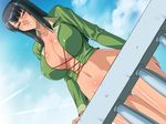  black_hair blush breasts brown_eyes censored cleavage convenient_censoring day huge_breasts kagami_hirotaka nico_robin one_piece sky solo 