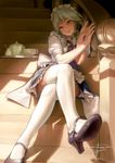  artist_name bow braid closed_mouth creamer_(vessel) crossed_legs cup fingers geister hair_bow hair_ribbon hands high_heels izayoi_sakuya legs lips long_legs maid maid_headdress mary_janes realistic red_eyes ribbon shoes signature sitting sitting_on_stairs solo stairs tea_set teacup teapot thighhighs touhou twin_braids white_legwear zettai_ryouiki 