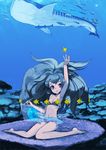 barefoot bikini blue_eyes blue_hair copyright_request enchi fish floating_screen holographic_interface holographic_monitor holographic_touchscreen ocean screen smile solo stylus swimsuit underwater water whale_shark 