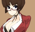  artist_request blue_eyes bra breasts brown_hair choker cleavage copyright_request glasses large_breasts lingerie open_clothes open_shirt shirt solo teacher underwear 