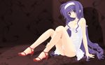  ass bare_shoulders breasts chemise cleavage frapowa hairband high_heels highres long_hair lyrical_nanoha mahou_shoujo_lyrical_nanoha_strikers purple_eyes purple_hair shoes small_breasts solo strap_slip tsukimura_suzuka wallpaper 