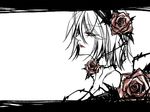  flower iroha_uta_(vocaloid) kagamine_rin letterboxed lipstick makeup monochrome red_eyes red_flower red_rose rose shiinoyuko short_hair simple_background solo spot_color thorns vocaloid 